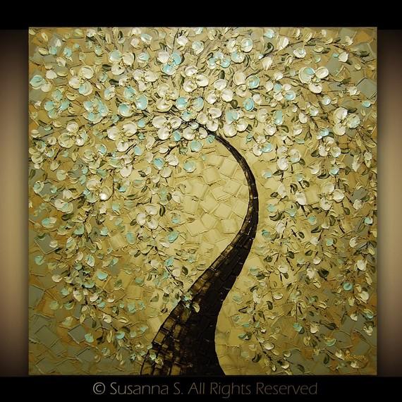 570x570 Original Abstract Landscape Oil Painting White By Modernhouseart - Gold Tree Painting