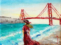 236x173 San Francisco Golden Gate Bridge With Boat Painting By Marinelaart - Golden Gate Bridge Acrylic Painting