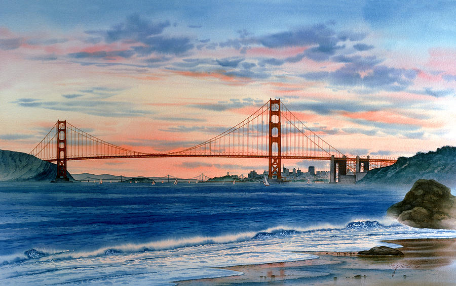 900x566 Sunset At Golden Gate Bridge Painting By John Yato - Golden Gate Bridge Canvas Painting