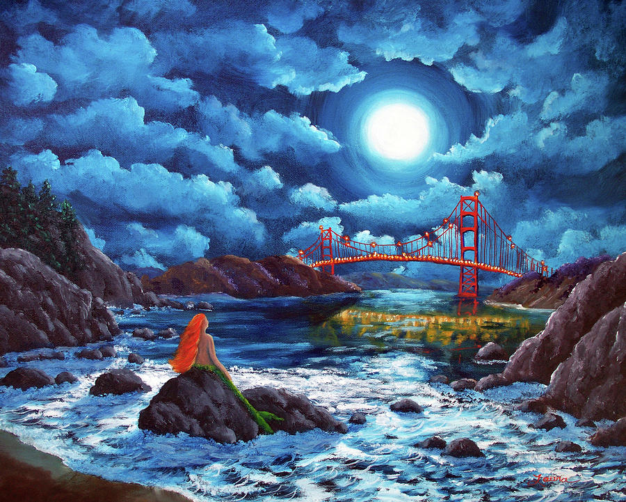900x721 Mermaid At The Golden Gate Bridge Painting By Laura Iverson - Golden Gate Bridge Painting