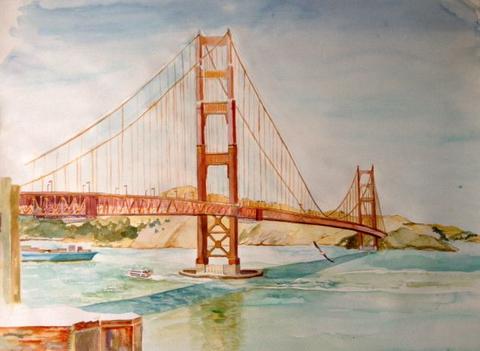 480x351 Golden Gate Bridge With Barge Maryclairewellinger - Golden Gate Bridge Watercolor Painting