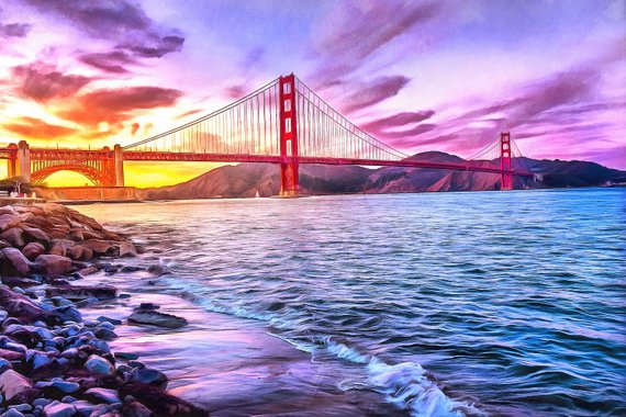 570x380 California Watercolor Painting West Coast Oil Acrylic Wall Art - Golden Gate Bridge Watercolor Painting