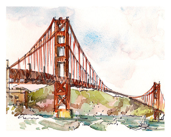 570x456 San Francisco Golden Gate Bridge California Print - Golden Gate Bridge Watercolor Painting