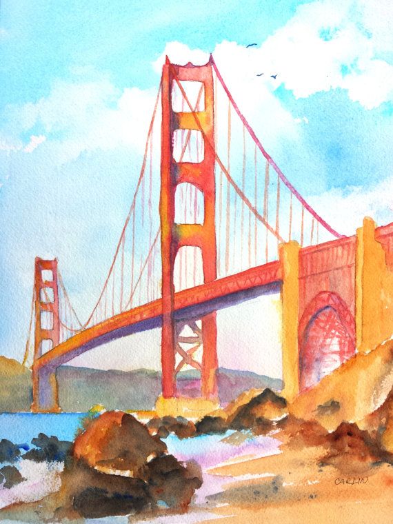 570x760 Golden Gate Bridge, Original Watercolor Painting, 9x12 Inch, San - Golden Gate Bridge Watercolor Painting