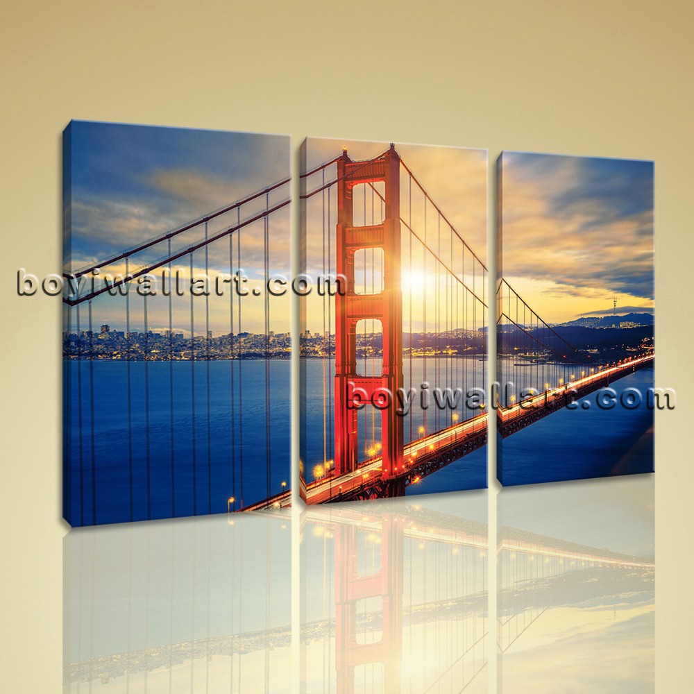 1000x1000 Large Golden Gate Bridge Sunrise Picture Painting Canvas Triptych - Golden Gate Painting