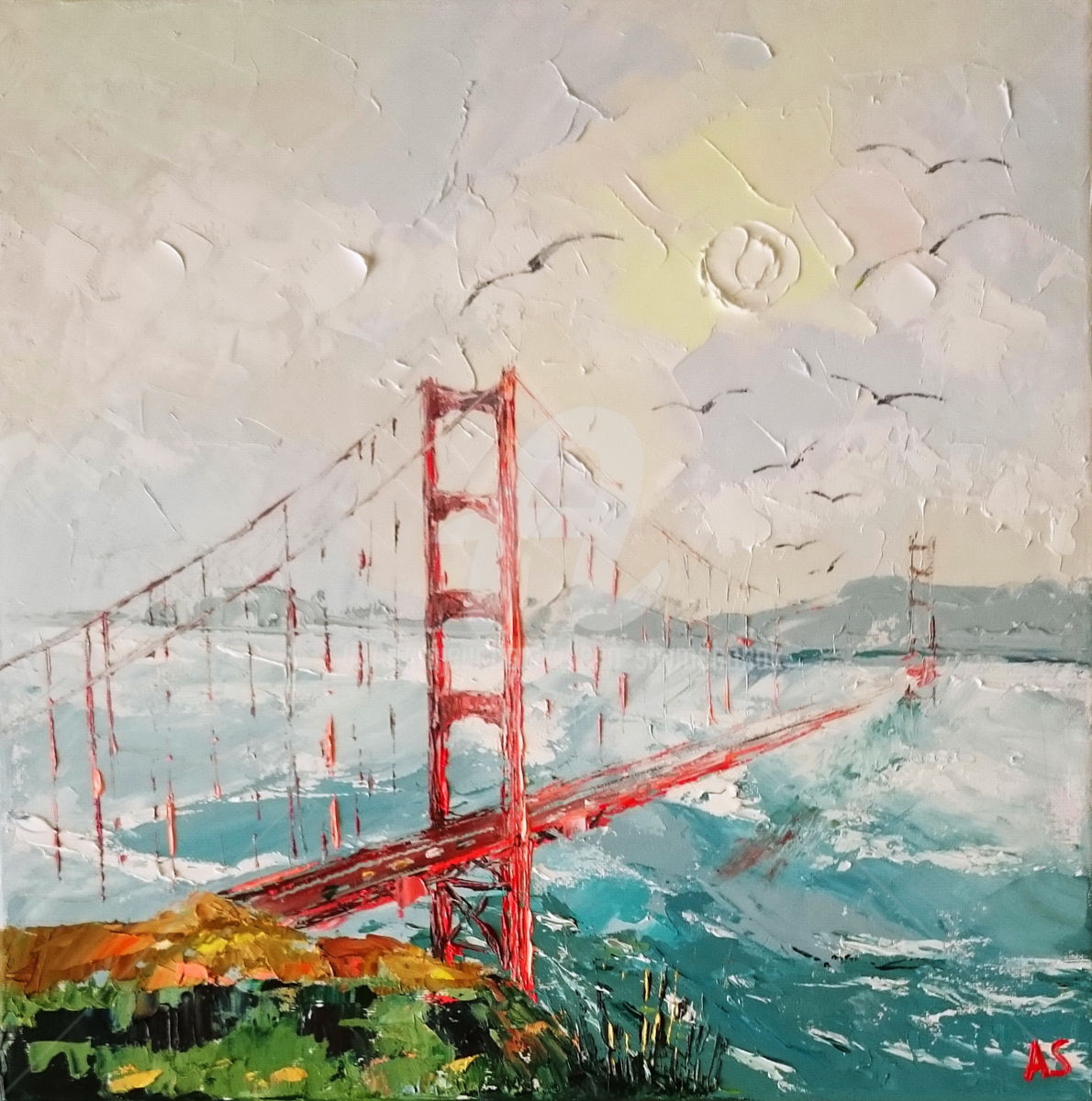 1190x1200 Golden Gate Bridgeoriginal Landscape Oil Painting (Alena Shymchonak) - Golden Gate Painting