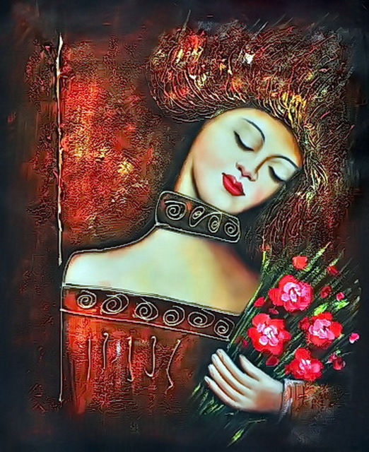 522x640 Abstract Golden Painting Girl Laying Taking Fresh Flower On Oil - Golden Girl Painting