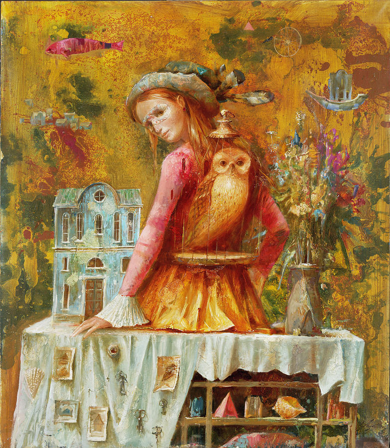 783x900 Girl With Golden Owl Painting By Sergey Lukyanov - Golden Girl Painting