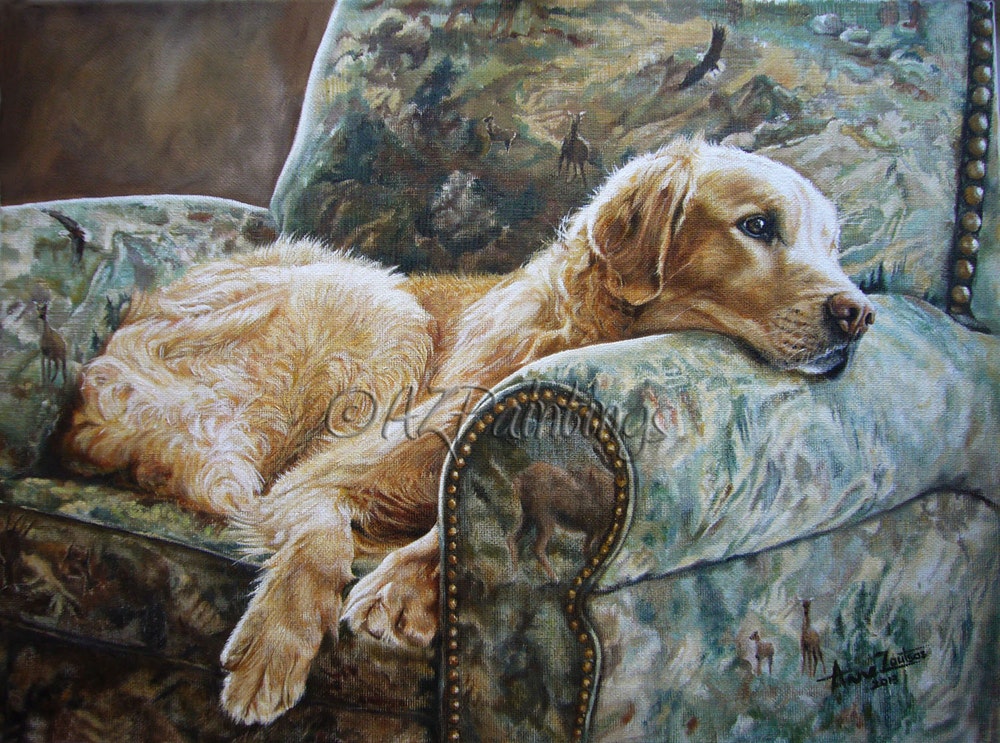 1000x743 Golden Retriever In Chair - Golden Retriever Oil Painting