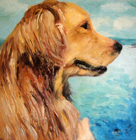 479x492 Custom Dog Profile Mixed Media Oil Painting In Front Of Water - Golden Retriever Oil Painting