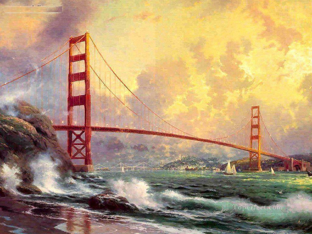 1024x768 Golden Gate Bridge San Fra Thomas Kinkade Beach Painting In Oil - Golden State Painting