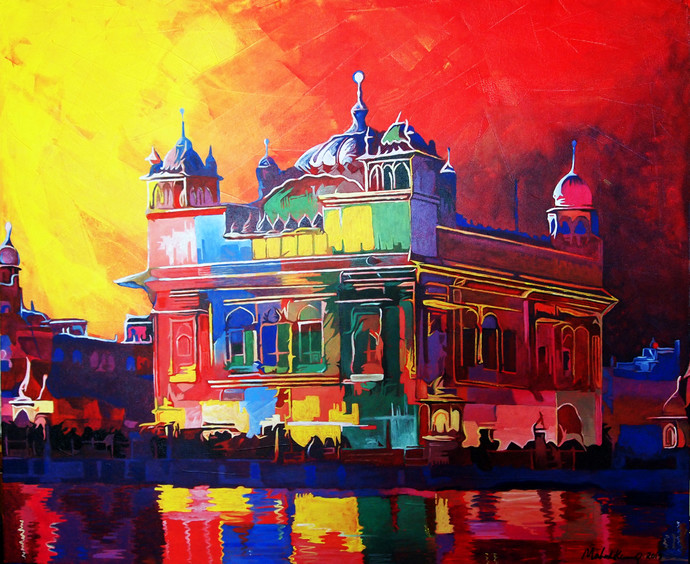 690x564 Twilight Golden Temple By Artist Mahesh Kummar Impressionism - Golden Temple Canvas Painting