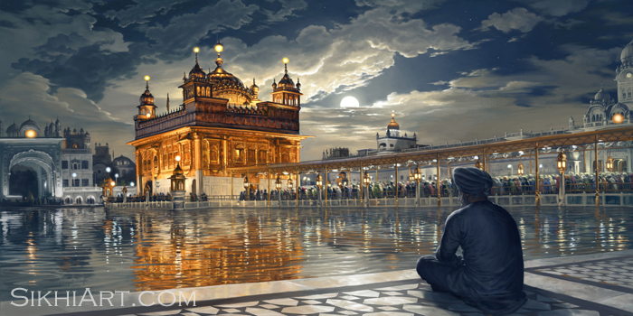700x350 Mystical Painting Of The Golden Temple In Moonlight Sikhi Art - Golden Temple Painting