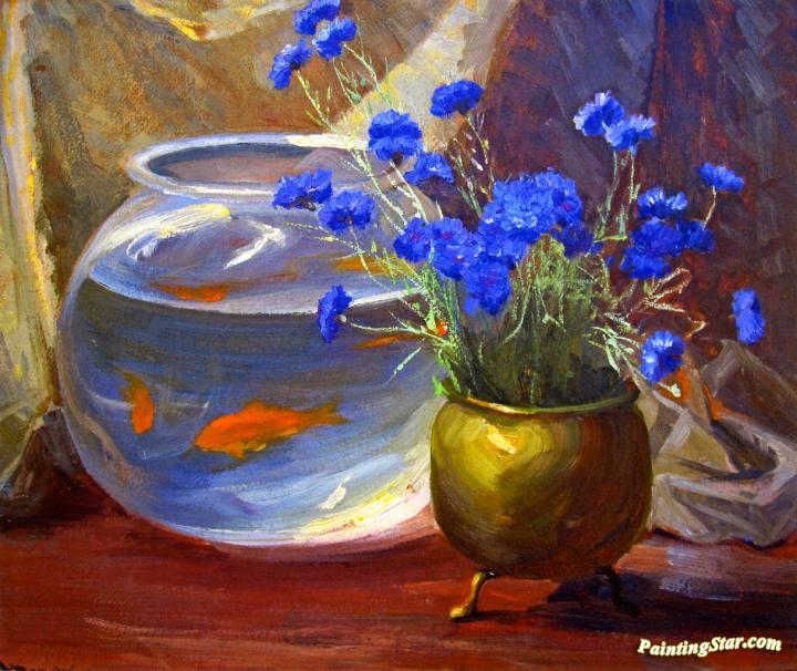 720x606 Goldfish Bowl And Flowers Artwork By Jean Mannheim Oil Painting - Goldfish Bowl Painting