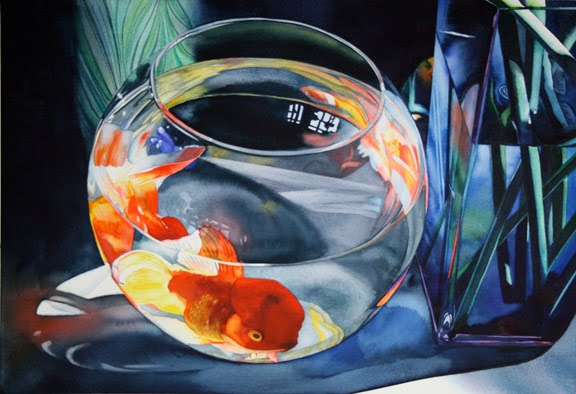 576x394 Kathleen Alexander Watercolors Goldfish Bowl Blues - Goldfish Bowl Painting