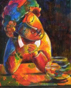 236x290 Little Boy Stands On A Chair And Fishes In A Goldfish Bowl - Goldfish Bowl Painting