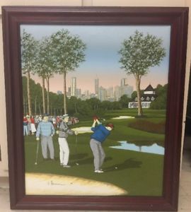 270x300 Vintage H Hargrove Framed Oil Painting Canvas Serigraph Golfing - Golf Club Painting
