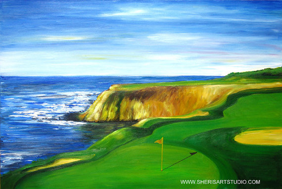 570x382 Golf Course Art Print On Paper Pebble Beach Golf Course - Golf Course Painting