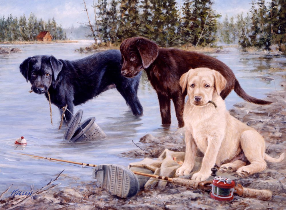 1000x734 Gone Fishing Lab Puppies Painting By Jim Killen - Gone Fishing Painting