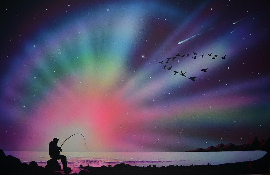 900x582 Aurora Borealis Gone Fishing Painting By Thomas Kolendra - Gone Fishing Painting