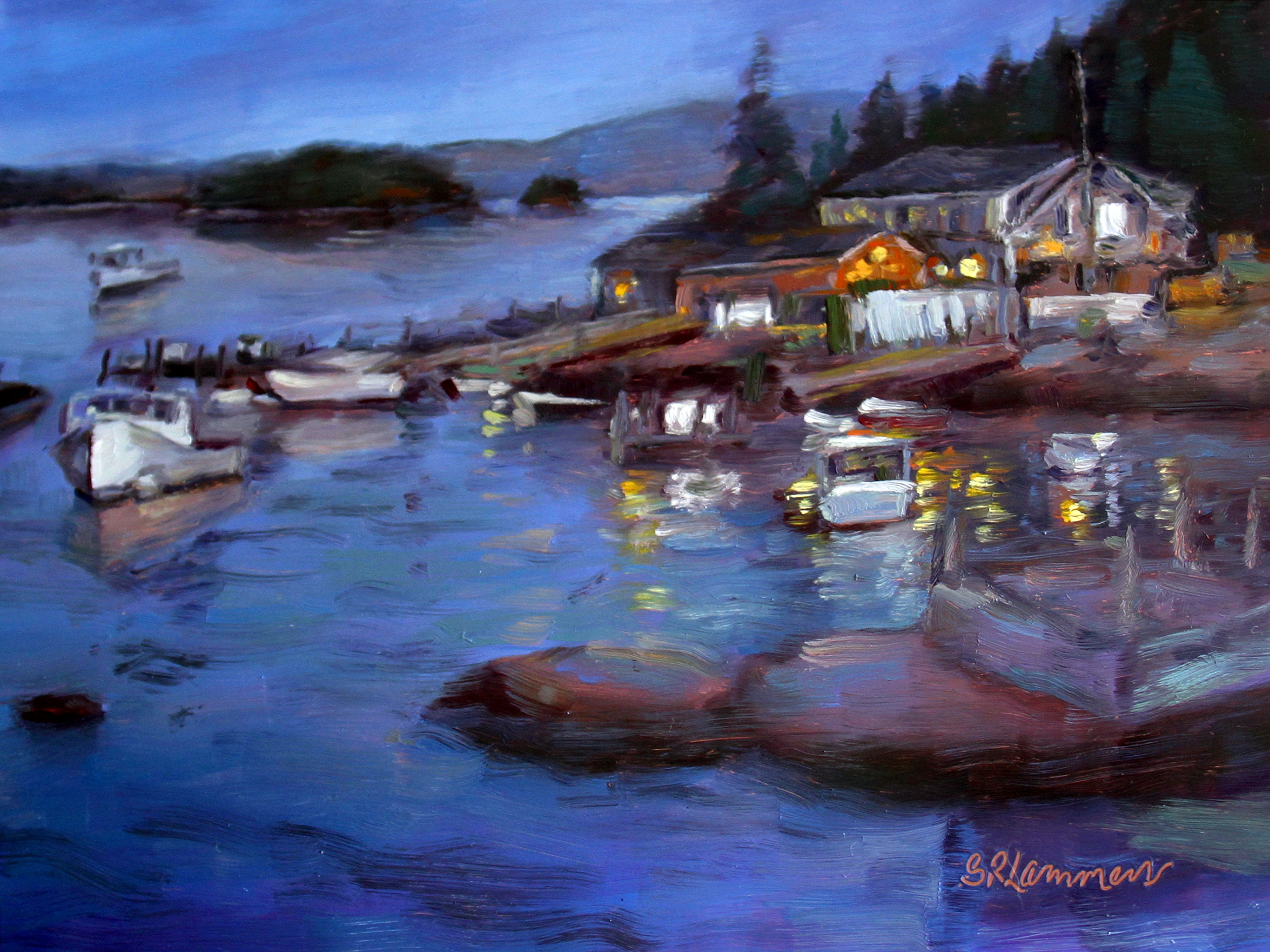 2729x2047 Glowing Night Painting Of Stonington Harbor. Puppies Are Growing - Good Night Painting