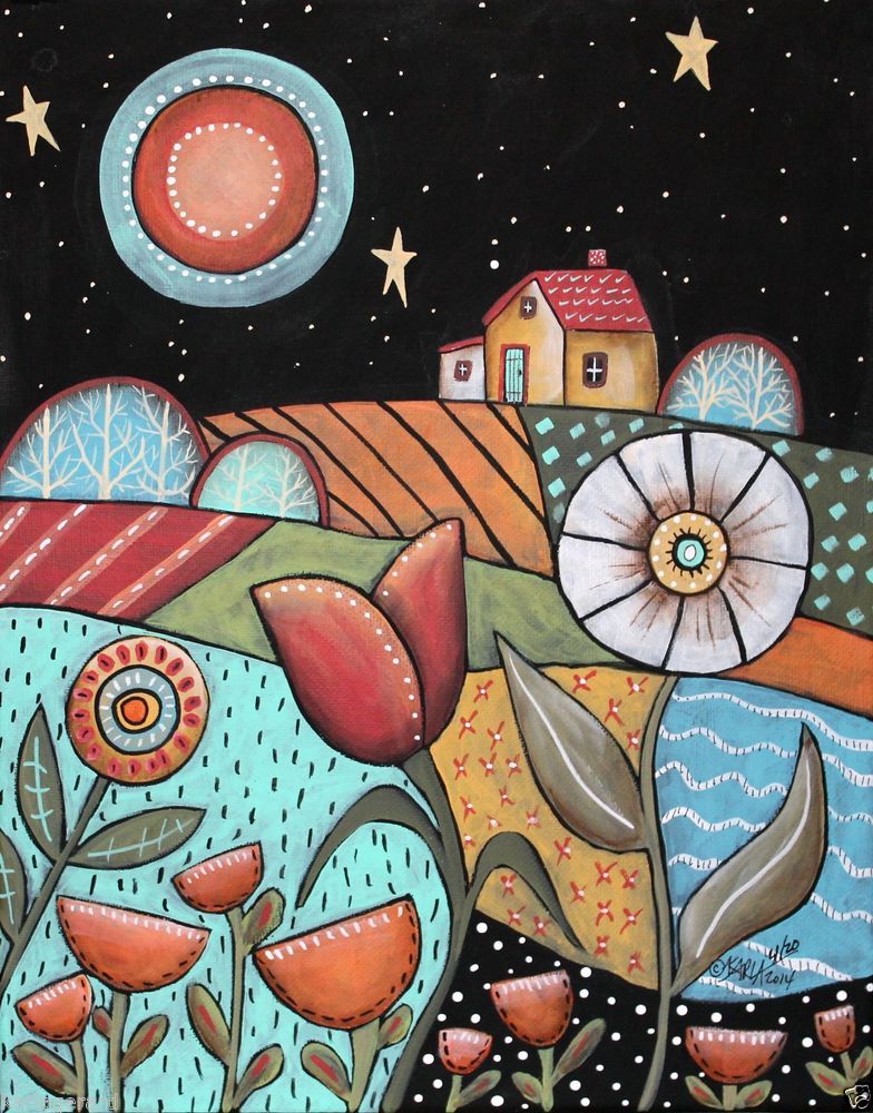 784x1000 Good Night 11x14 Landscape Original Canvas Painting Abstract Folk - Good Night Painting