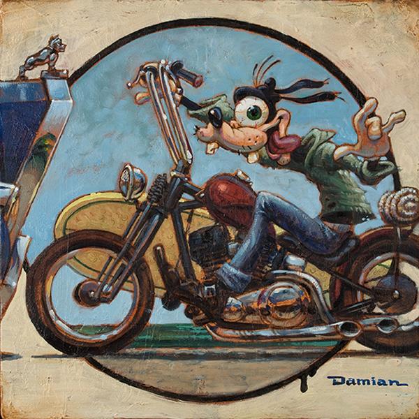 600x600 In A Second By Damian Fulton Goofy Motorcycle Lowbrow Canvas Art - Goofy Painting