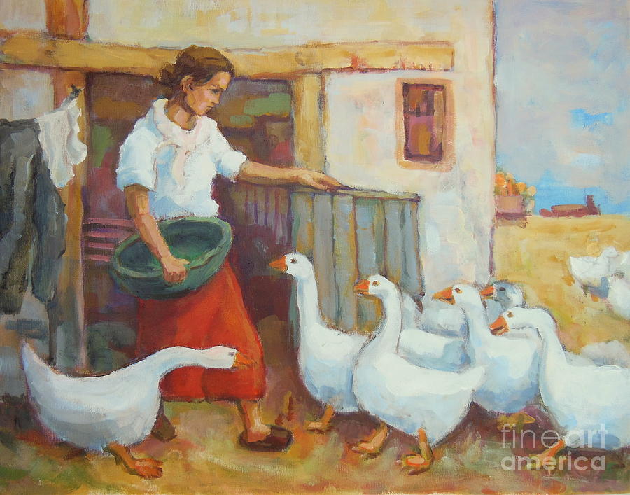 900x707 Goose Girl Painting By Johannes Strieder - Goose Girl Painting
