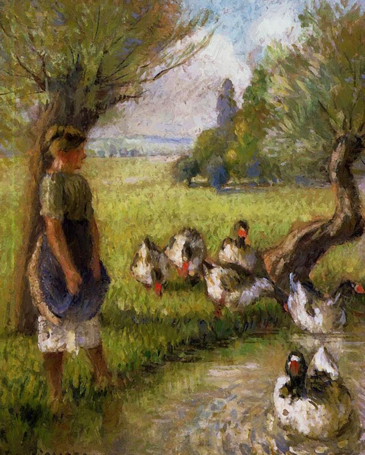 721x900 Goose Girl Painting By Pissarro Camille - Goose Girl Painting
