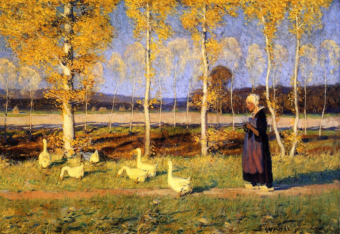 1110x764 Brittany Goose Girl Painting Clarence Gagnon Oil Paintings - Goose Girl Painting