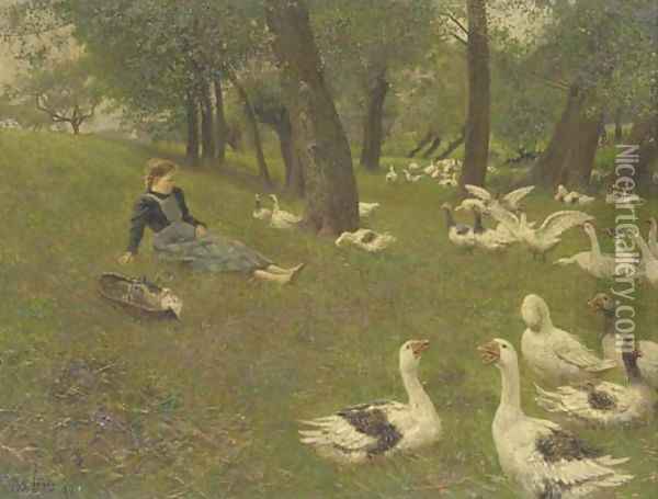 600x455 The Goose Girl Oil Painting Reproduction By Adolf Lins - Goose Girl Painting