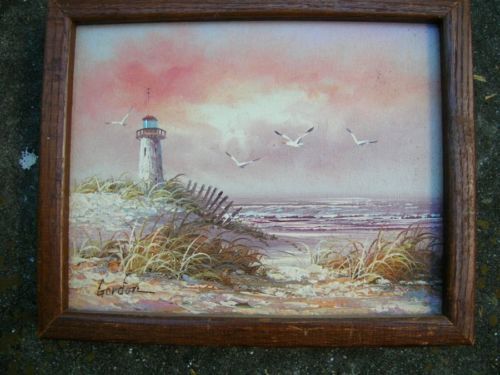 500x375 Orginal Oil Painting New England Lighthouse Beach Gulls Surf Dunes - Gordon Lighthouse Painting