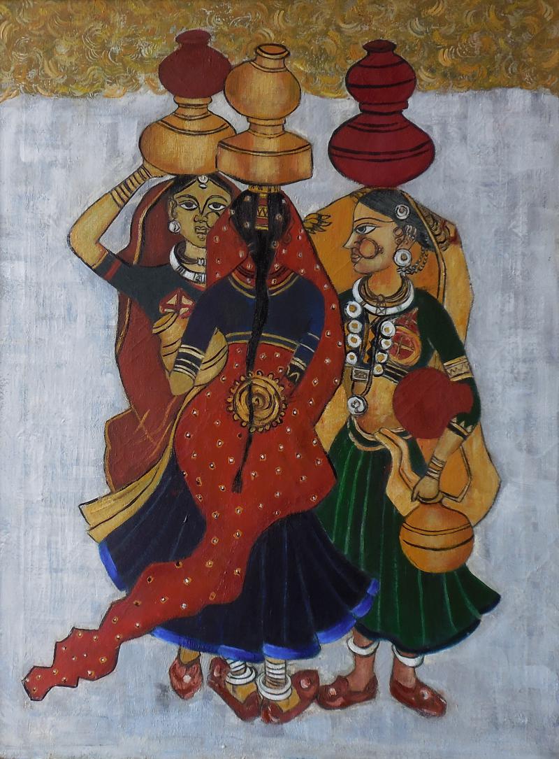 800x1085 Panghat Gossip By Artist Kaladikam Arts Figurative Art Oil - Gossip Painting