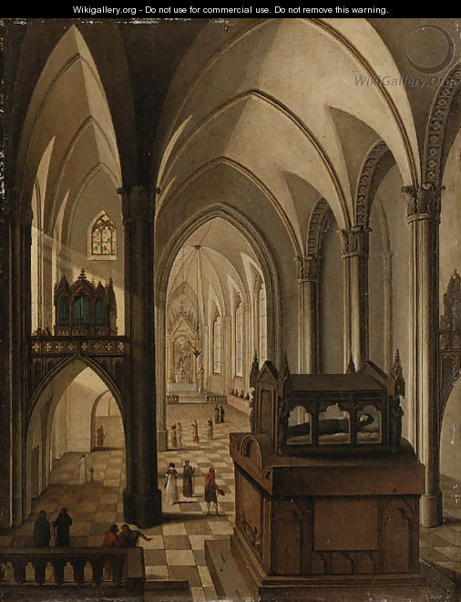 506x660terior Of A Gothic Cathedral With Elegant Figures Walking - Gothic Cathedral Painting