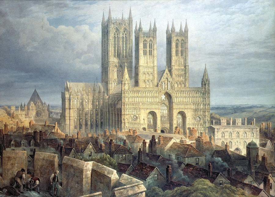 900x646 Lincoln Cathedral From The North West Painting By Frederick Mackenzie - Gothic Cathedral Painting