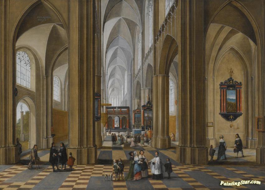 850x611 The Interior Of A Gothic Cathedral With Elegant Figures Strolling - Gothic Cathedral Painting