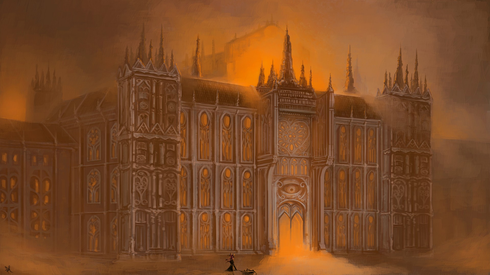 1920x1080 Wallpaper Painting, Digital Art, Night, Architecture, Building - Gothic Cathedral Painting