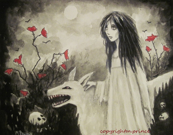 570x445 Gothic Girl Fantasy Painting Ink And Watercolor Hellhound - Gothic Girl Painting