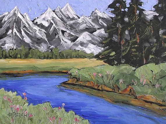 570x428 Impressionist Plein Air Landscape Painting Grand Teton Mountains - Grand Teton Painting