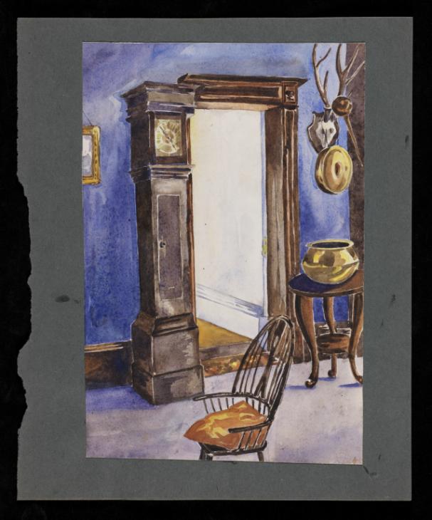 607x730 Watercolour Of Interior Scene Showing A Grandfather Clock By - Grandfather Clock Painting