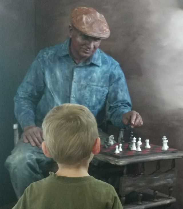 640x732 Kid Mesmerized By His Grandfather Performing As A Living Painting - Grandfather Painting
