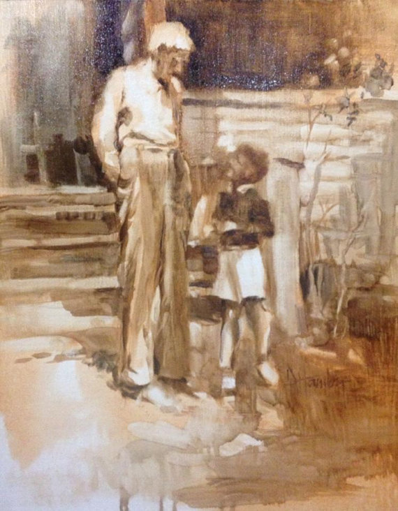 570x732 Original Oil Painting Fine Art Grandfather Son Boy Dad - Grandfather Painting