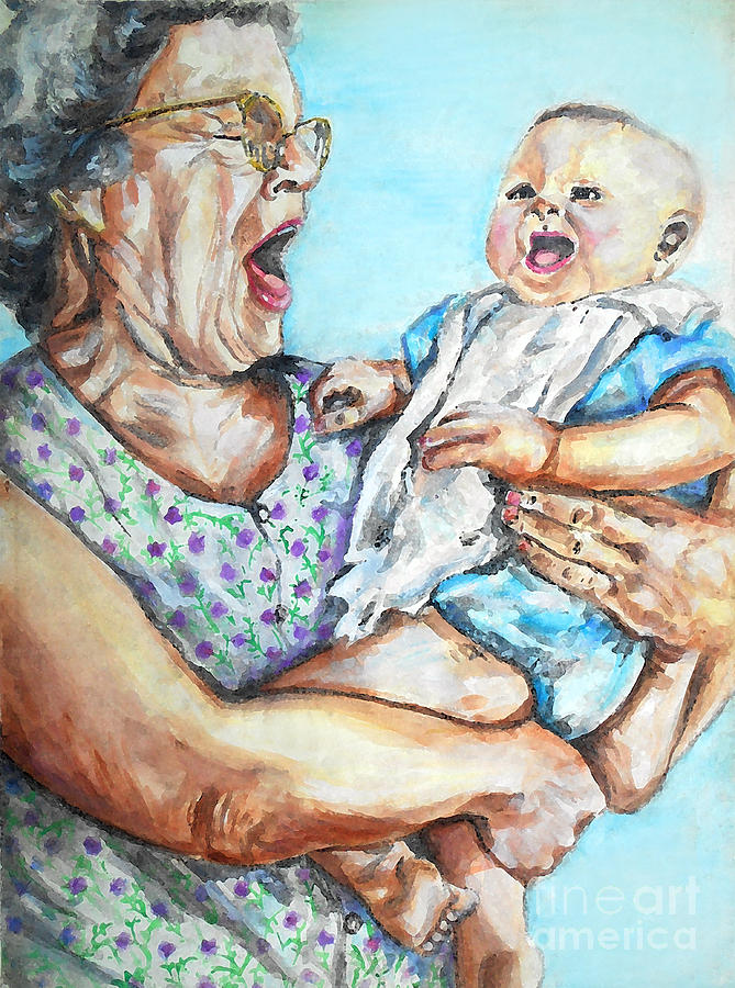 669x900 Baby Puts Grandma To Sleep Painting By Melanie Alcantara Correia - Grandma Painting