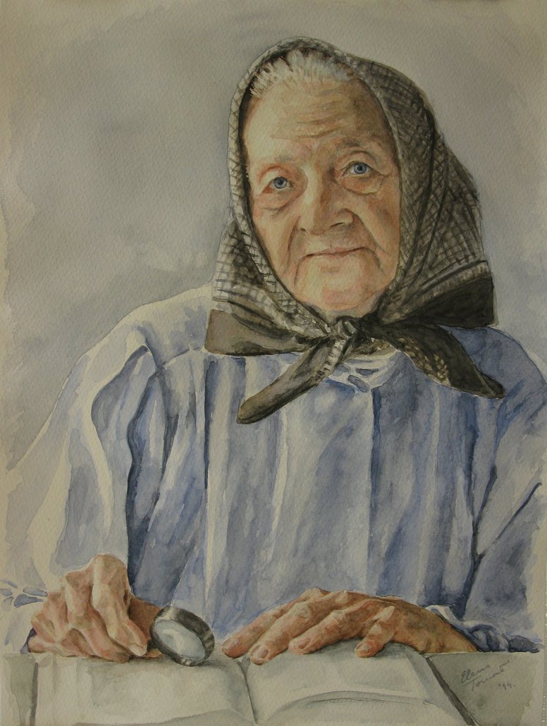 776x1030 Grandmother, Watercolor 38x28 By Elenaxanele - Grandmother Painting
