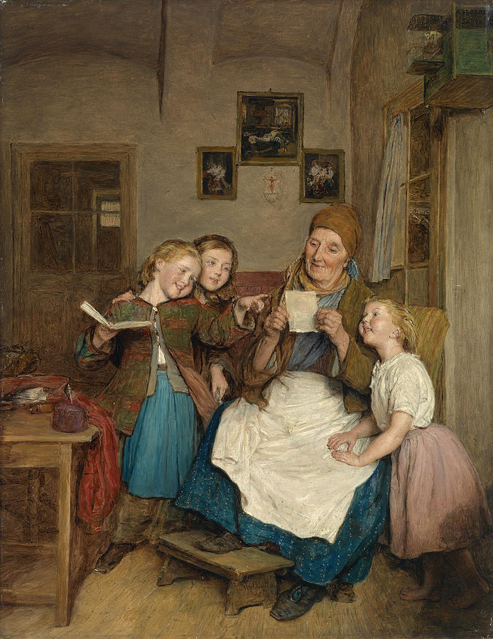 694x900 Grandmother With Three Grandchildren Painting By Ferdinand Georg - Grandmother Painting