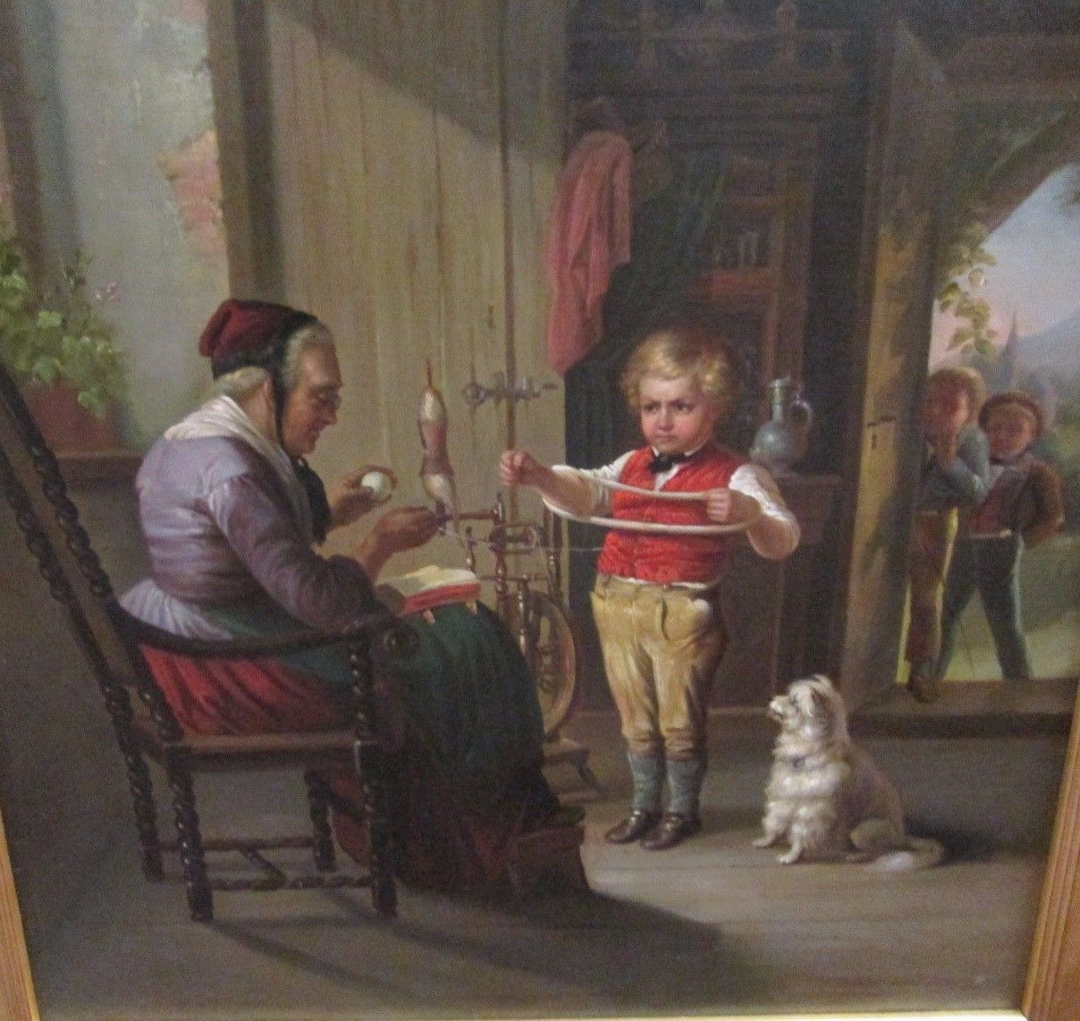 1208x1142 Fine Antique 1800's Charming Painting Of Spinning Wheel - Grandmother Painting