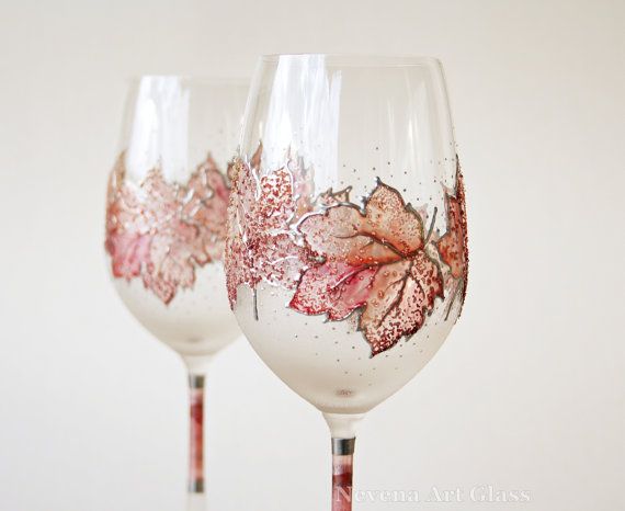 570x466 Hand Painted Wine Glasses, Grape Leaves, Autumn Leaves, Fall - Grape Painting Wine Glasses