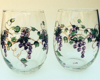 340x270 Free Shipping Purple Grape Hand Painted Pair Of Wine Glasses - Grape Painting Wine Glasses