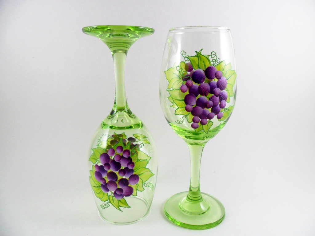 1024x768 Wine Glasses Hand Painted Grapes Green Purple Hand - Grape Painting Wine Glasses