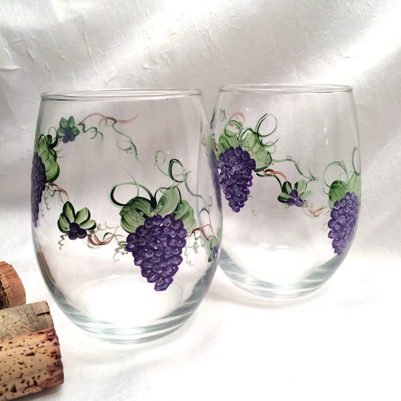 570x570 Free Shipping Stemless Pair Of Hand Painted Grape Wine Glasses - Grape Painting Wine Glasses